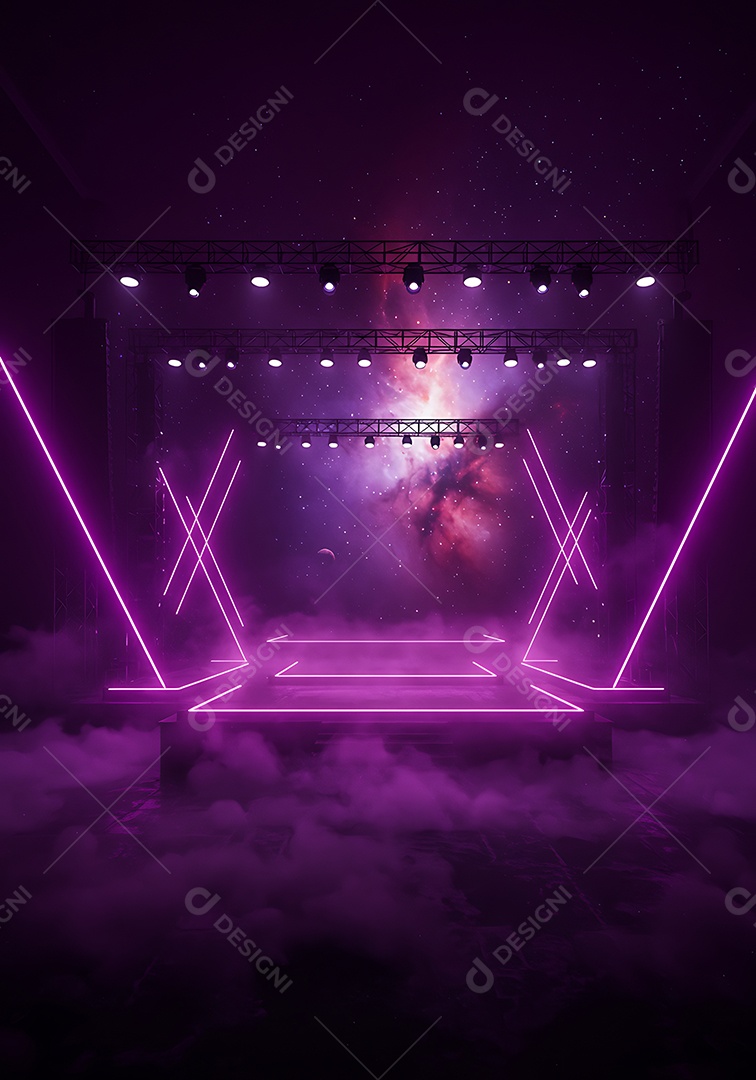 Imagem mostra um palco de eventos ou shows, com iluminação cênica
