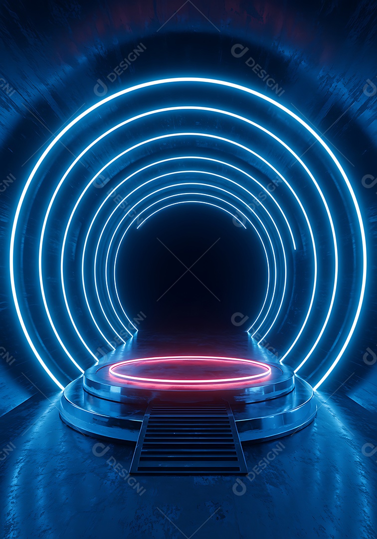 Imagem mostra um palco de eventos ou shows, com iluminação cênica