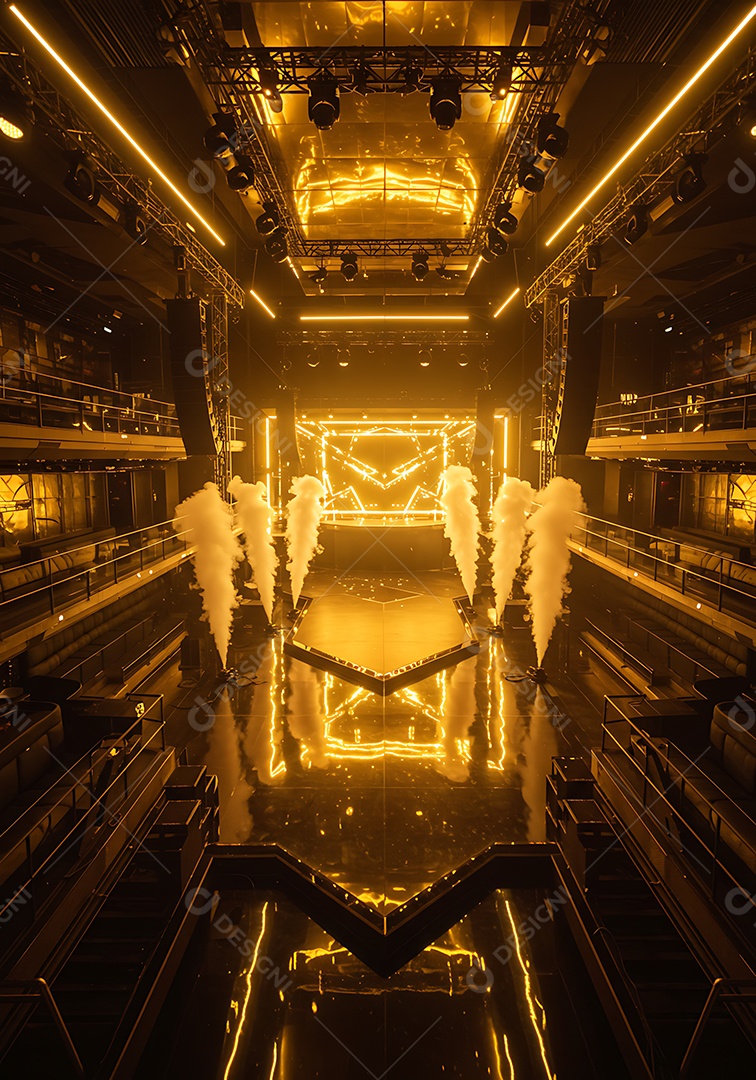 Imagem mostra um palco de eventos ou shows, com iluminação cênica