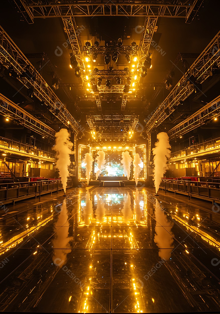 Imagem mostra um palco de eventos ou shows, com iluminação cênica