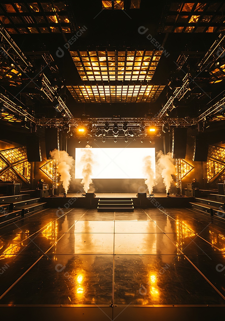 Imagem mostra um palco de eventos ou shows, com iluminação cênica