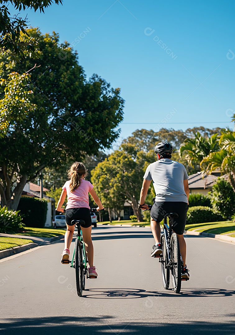 Pai e filha andando de bicicleta em uma rua