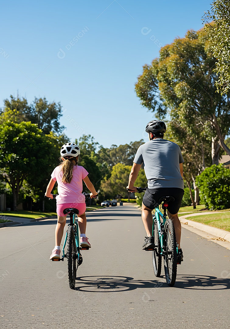 Pai e filha andando de bicicleta em uma rua