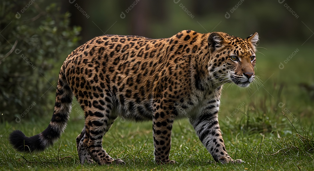 Linda onça pitada andando sobre floresta