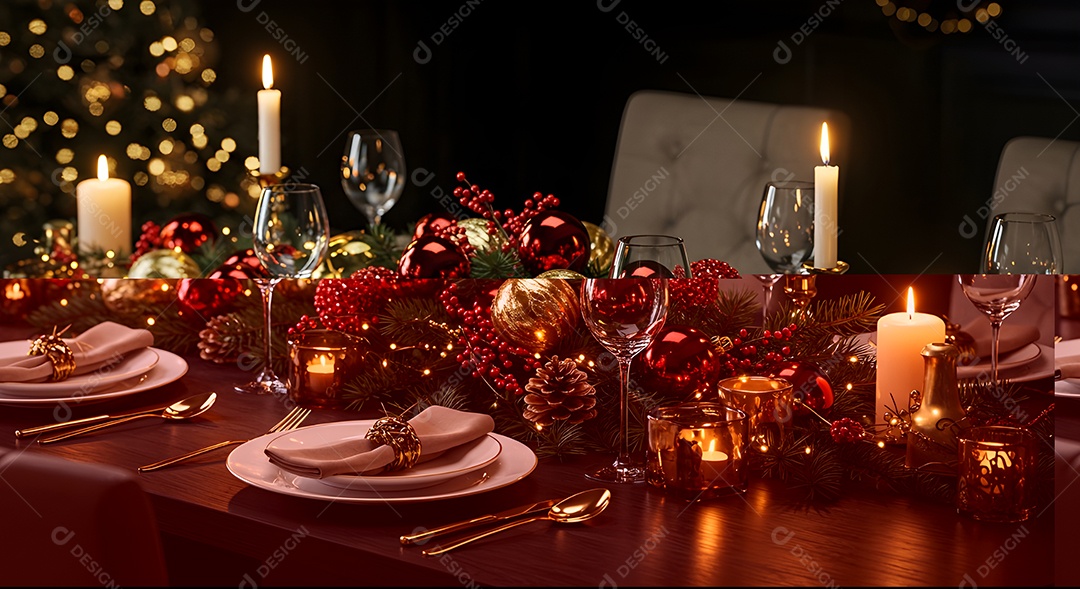 imagem retrata uma mesa festivamente decorada para uma celebração, possivelmente Natal