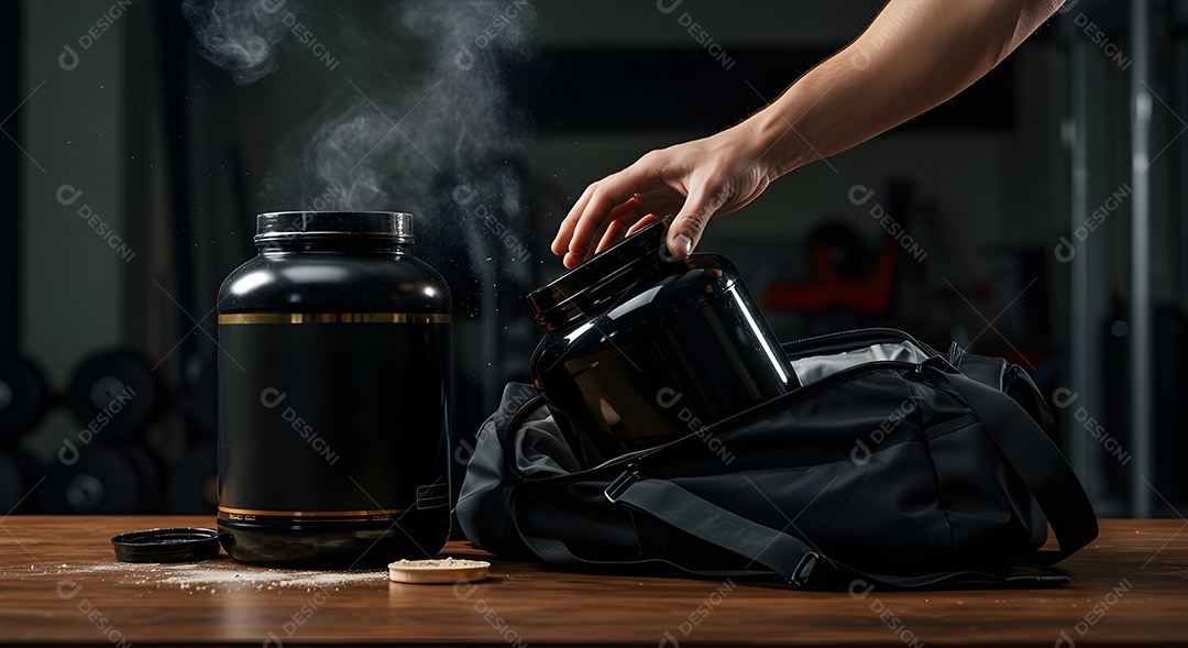 Mão de pessoa segurando pote de whey sobre uma academia