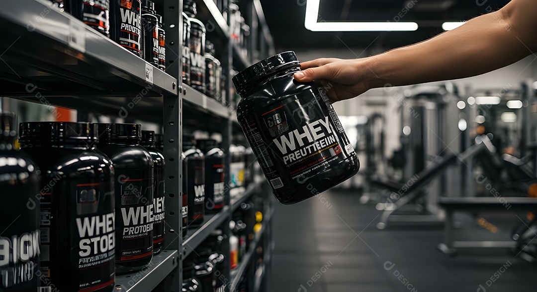 Mão de pessoa segurando pote de whey sobre uma academia