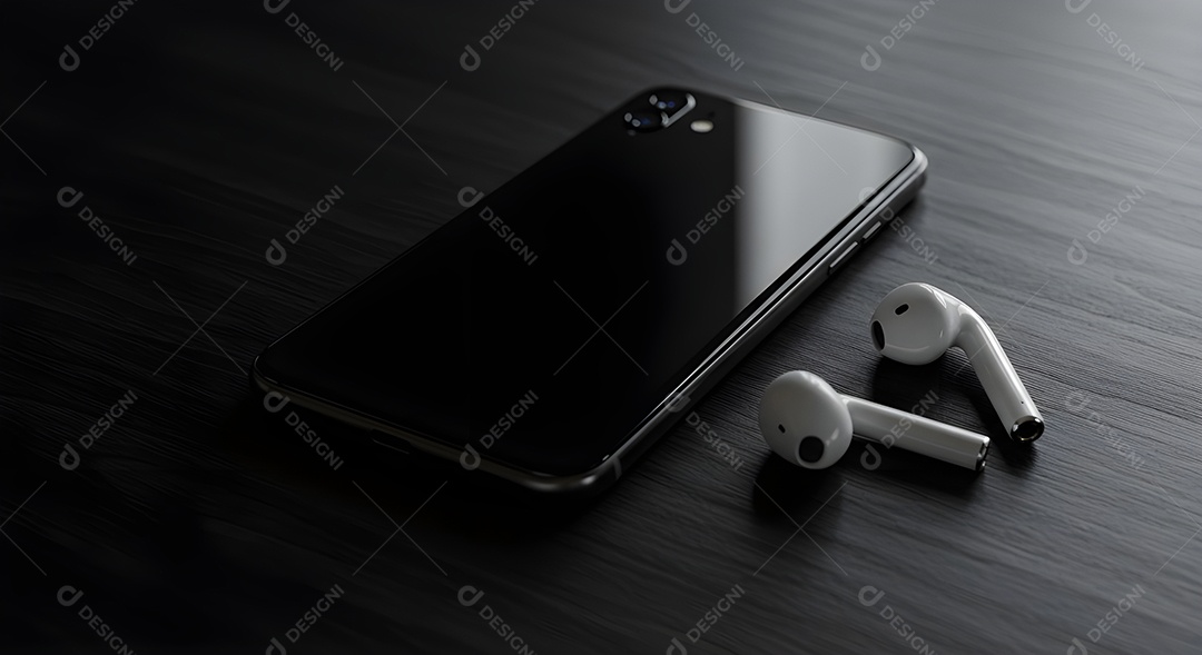 Celular ao lado de fones de ouvido em uma mesa de madeira