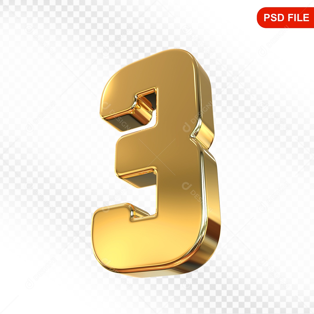 Elemento 3D Número 3 Dourado Para Composição PSD