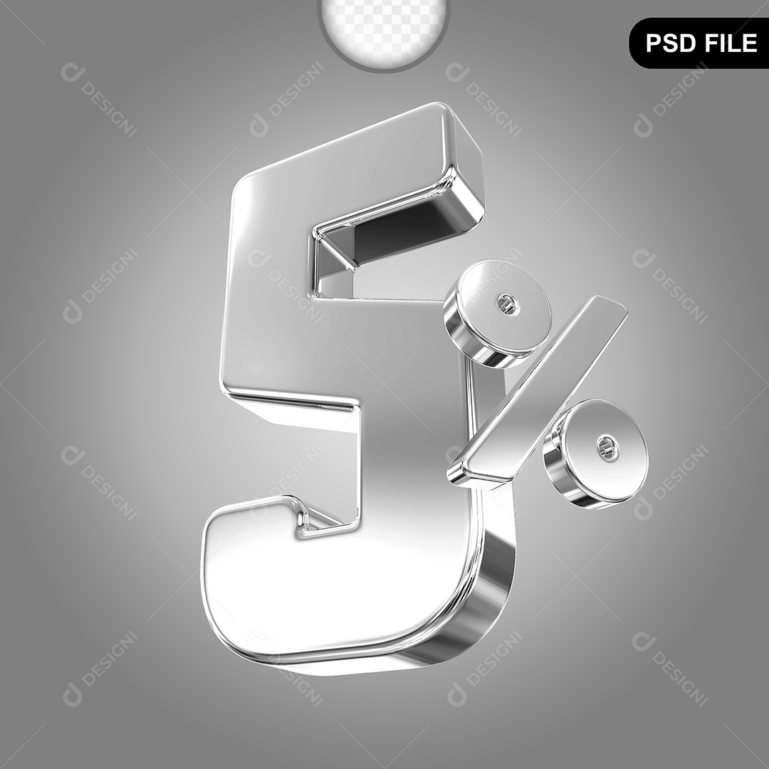 Elemento 3D Número 5% Prata Para Composição PSD