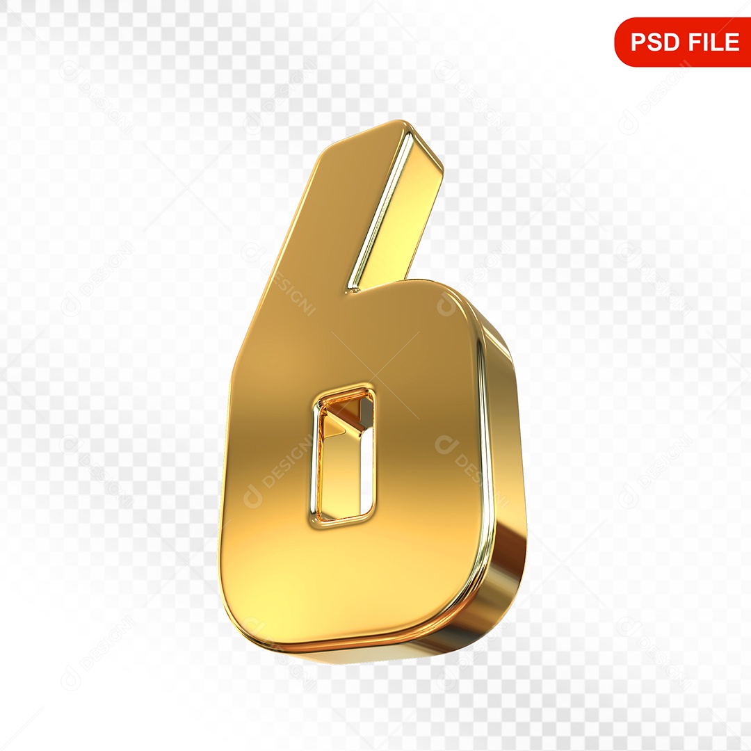 Elemento 3D Número 6 Dourado Para Composição PSD
