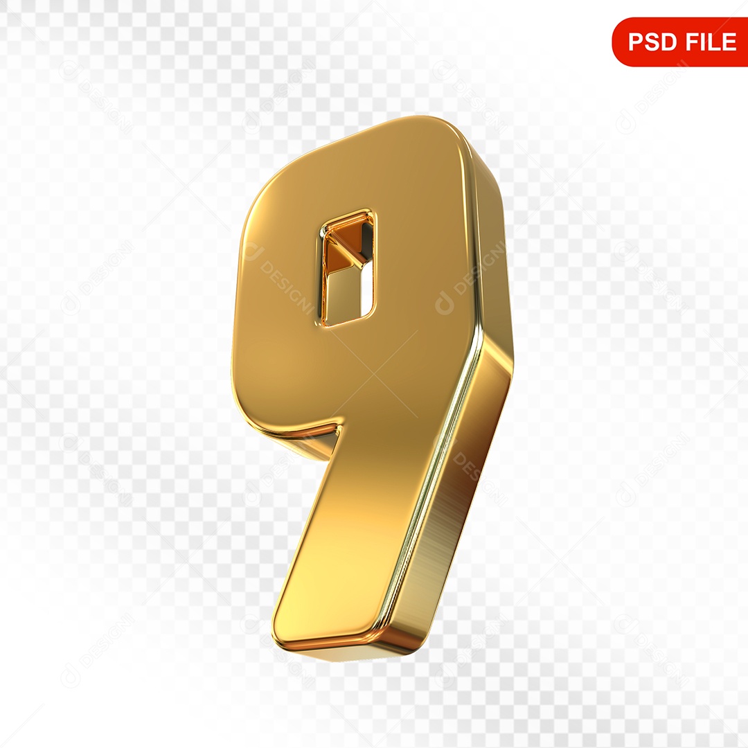 Elemento 3D Número 9 Dourado Para Composição PSD