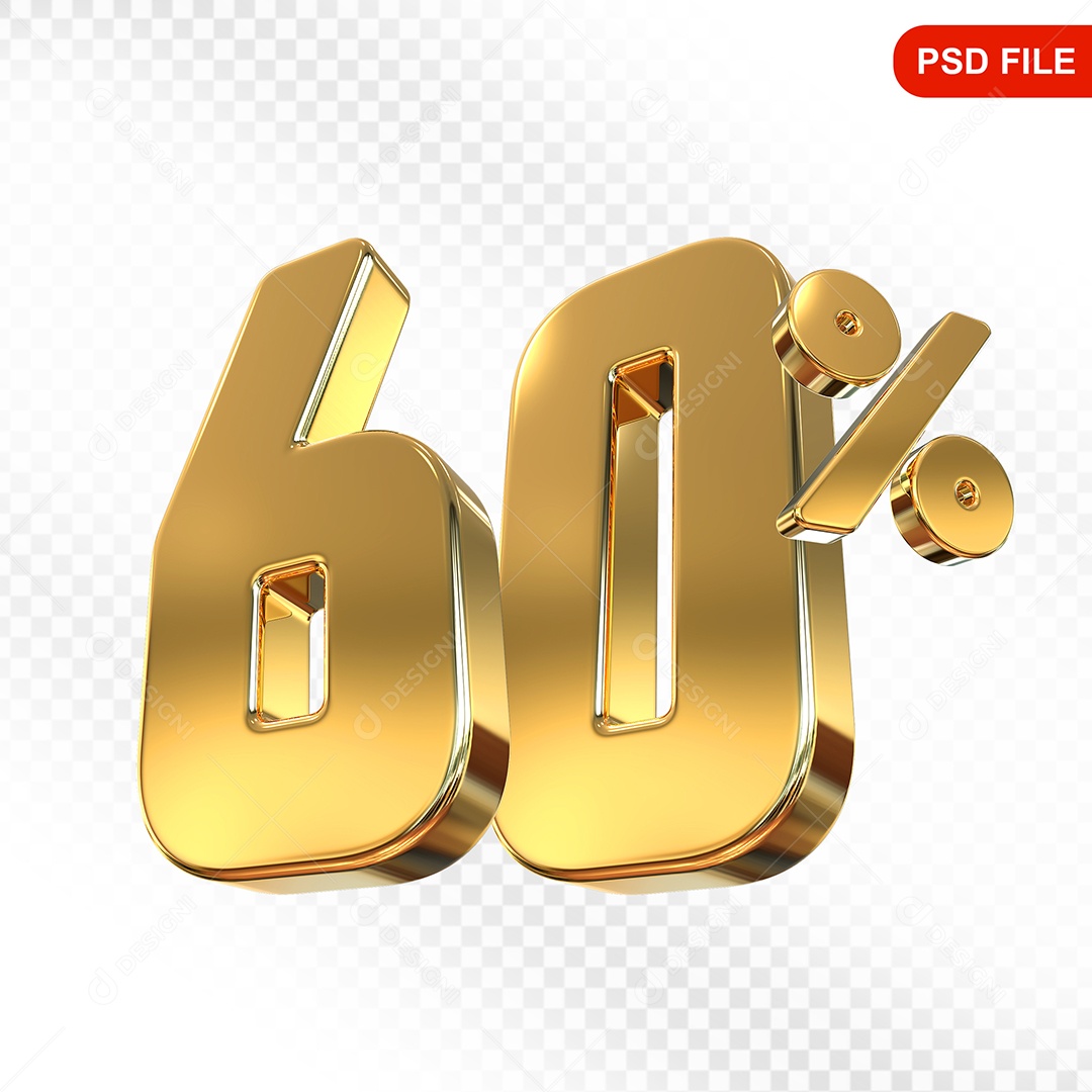Elemento 3D Número 60% Dourado Para Composição PSD