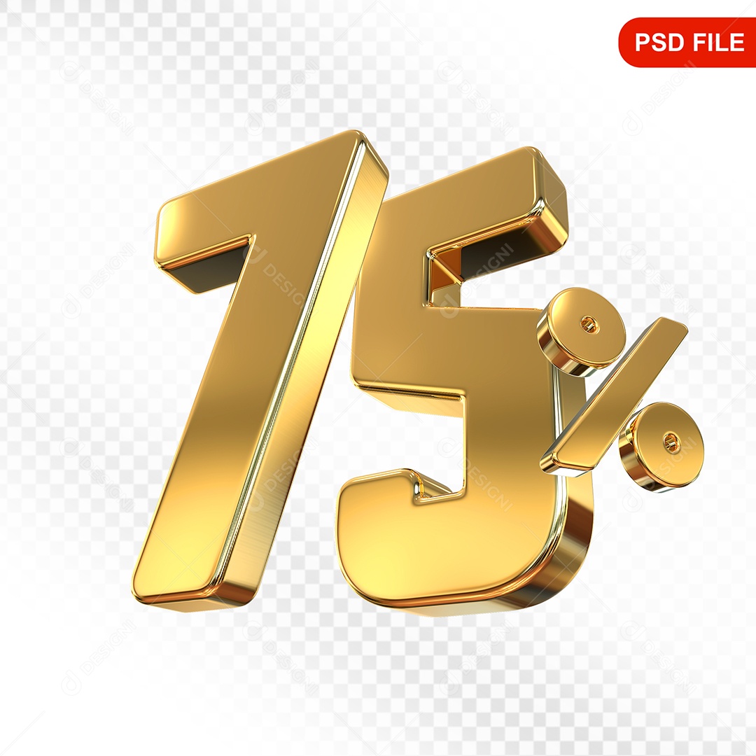 Elemento 3D Número 75% Dourado Para Composição PSD