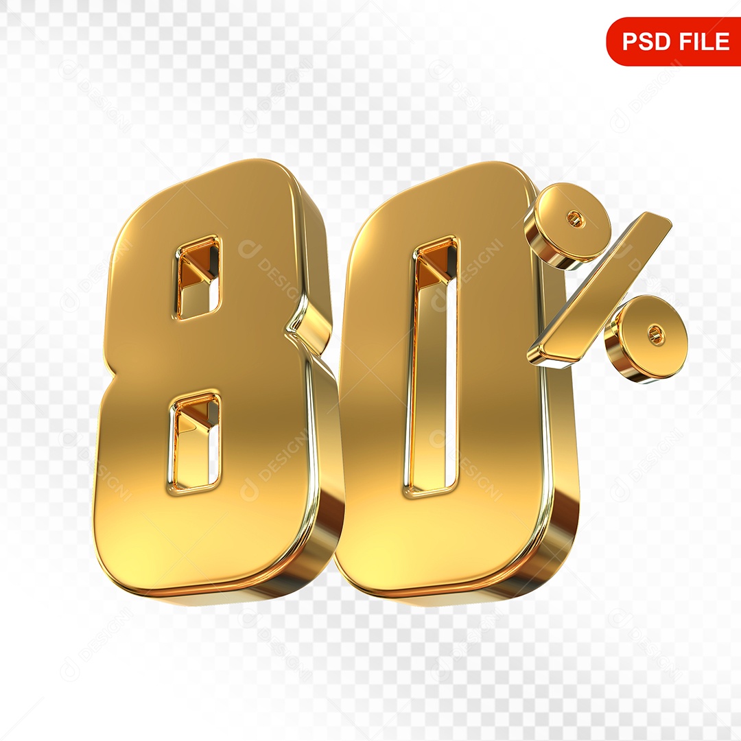 Elemento 3D Número 80% Dourado Para Composição PSD