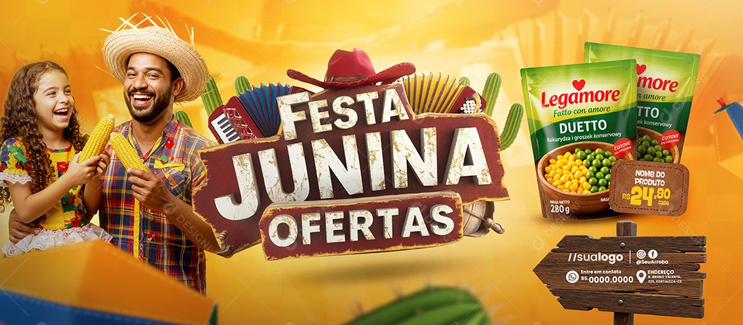 Banner Festa Junina Ofertas Supermercado Milho e Ervilhas Social Media PSD Editável