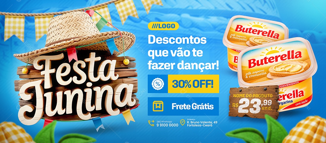 Banner Festa Junina Supermercado Margarina Descontos Social Media PSD Editável
