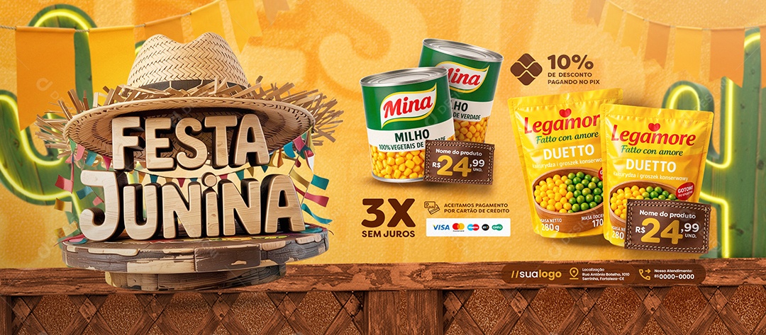 Banner Festa Junina Supermercado Produtos Social Media PSD Editável
