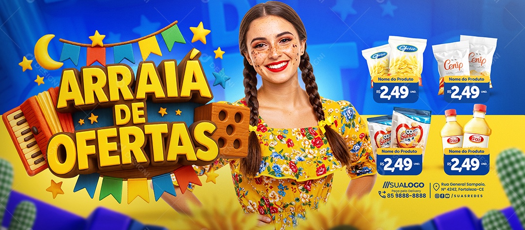 Banner Arraiá De Ofertas Supermercado Produtos Social Media PSD Editável