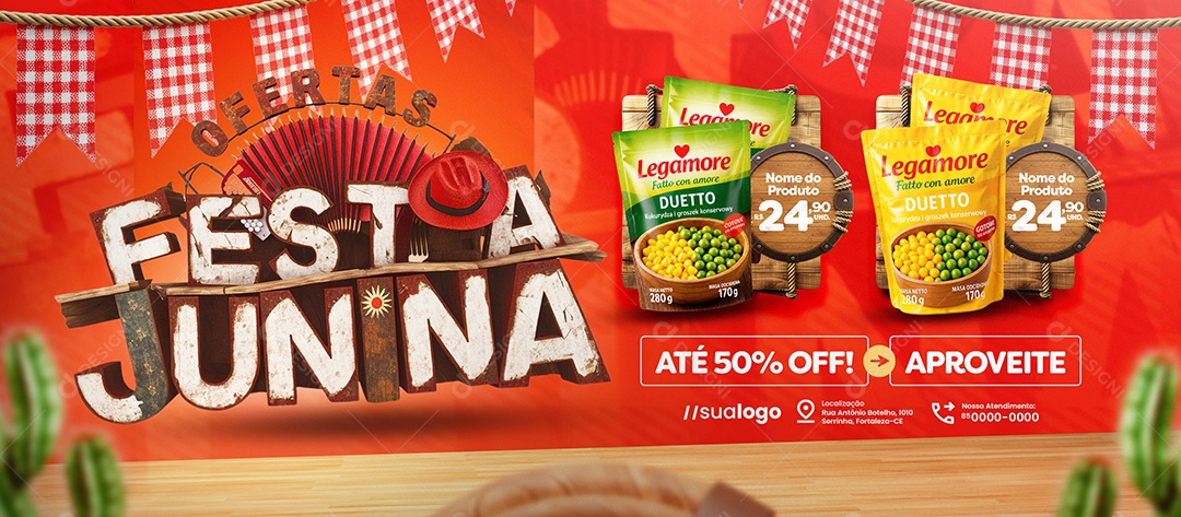 Banner Festa Junina Supermercado Até 50% Off Social Media PSD Editável