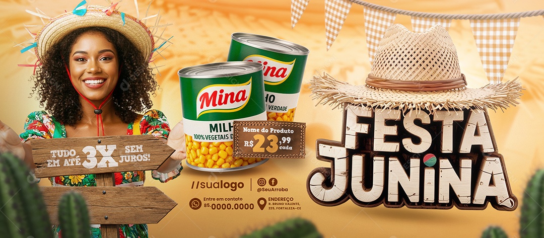 Banner Festa Junina Supermercado Lata de Milho Social Media PSD Editável