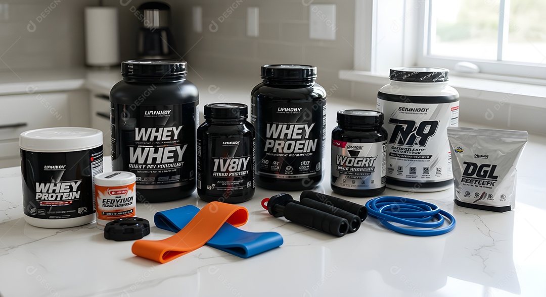 Suplementos em uma mesa branca