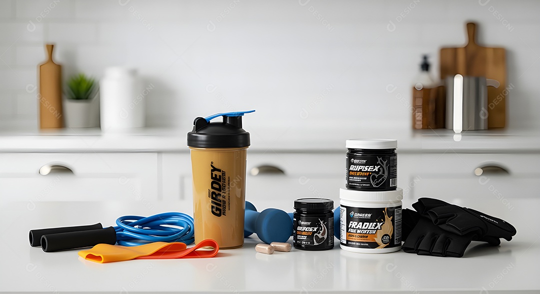 Suplementos em uma mesa branca