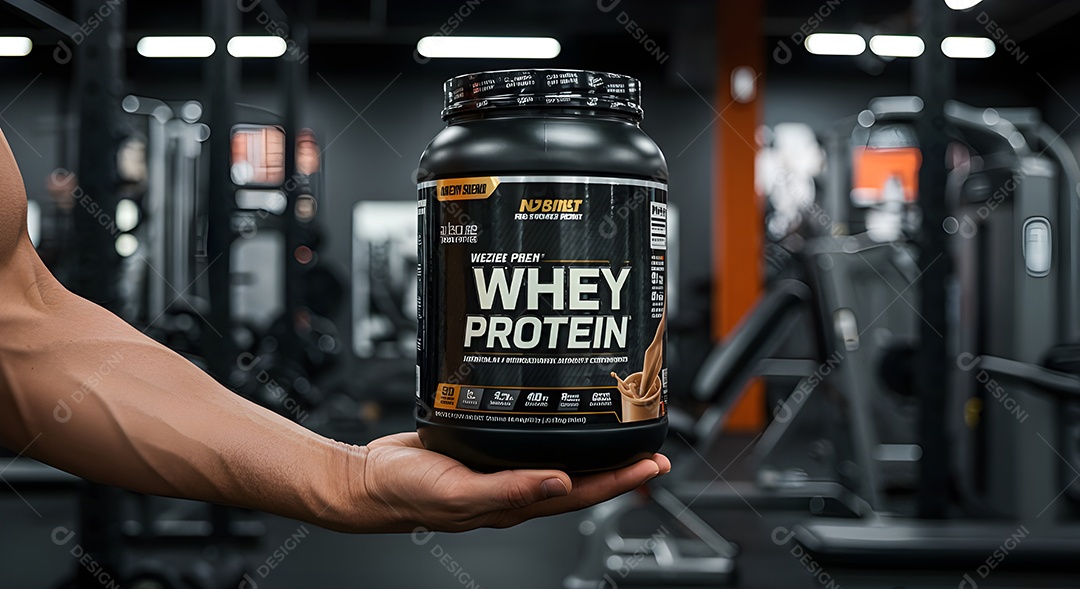 Mão de pessoa segurando pote de whey sobre uma academia