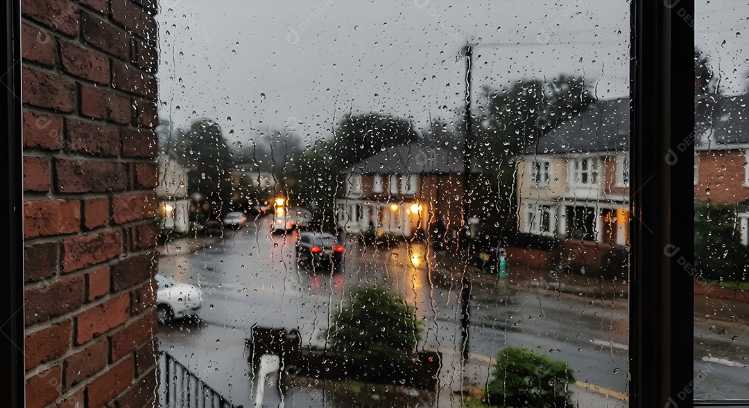 imagem retrata uma cena de rua durante a chuva, possivelmente vista de uma janela ou varanda