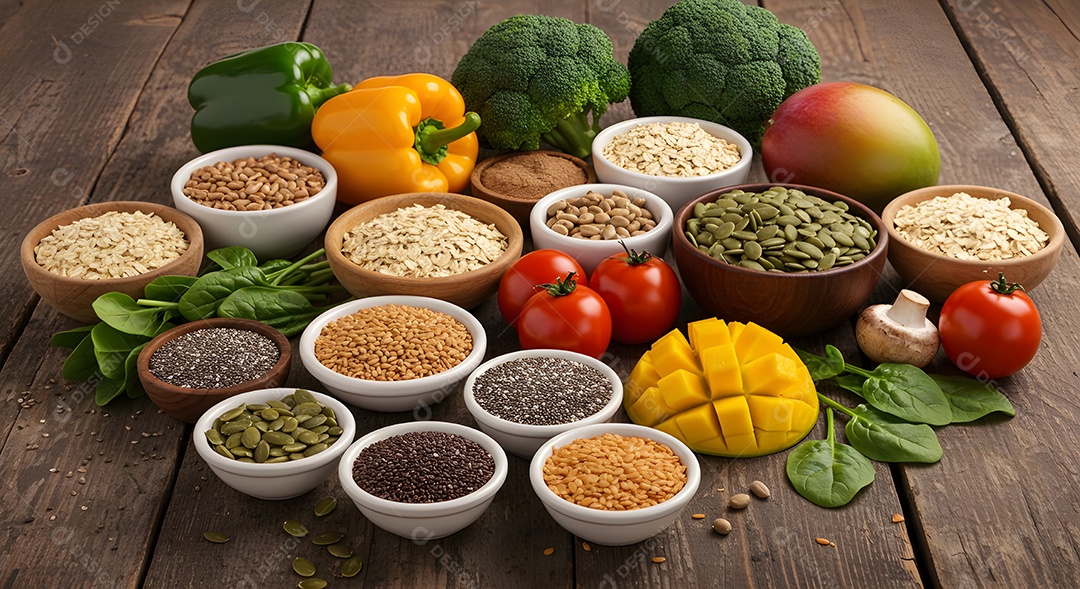 Variedade de alimentos saudáveis, incluindo frutas, vegetais e sementes.