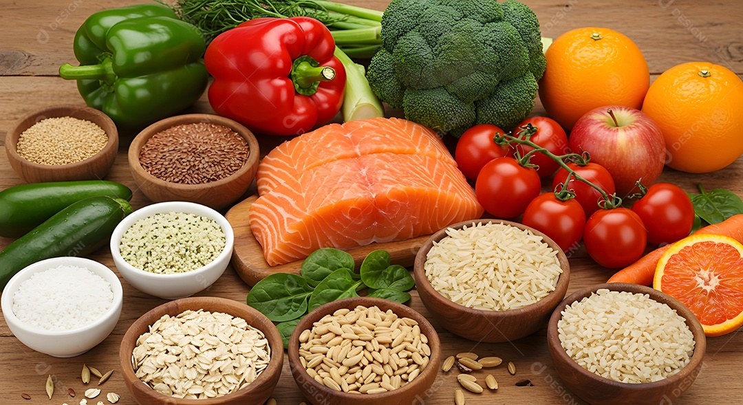 Variedade de alimentos saudáveis, incluindo frutas, vegetais e sementes.