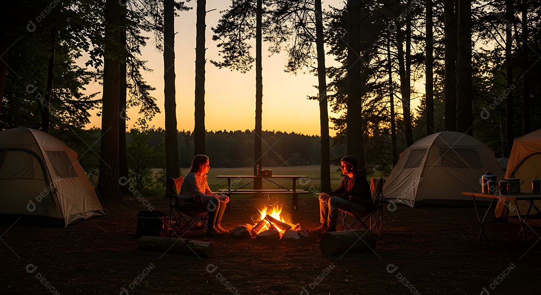 Pessoa na beira uma fogueira sobre uma floresta acampando