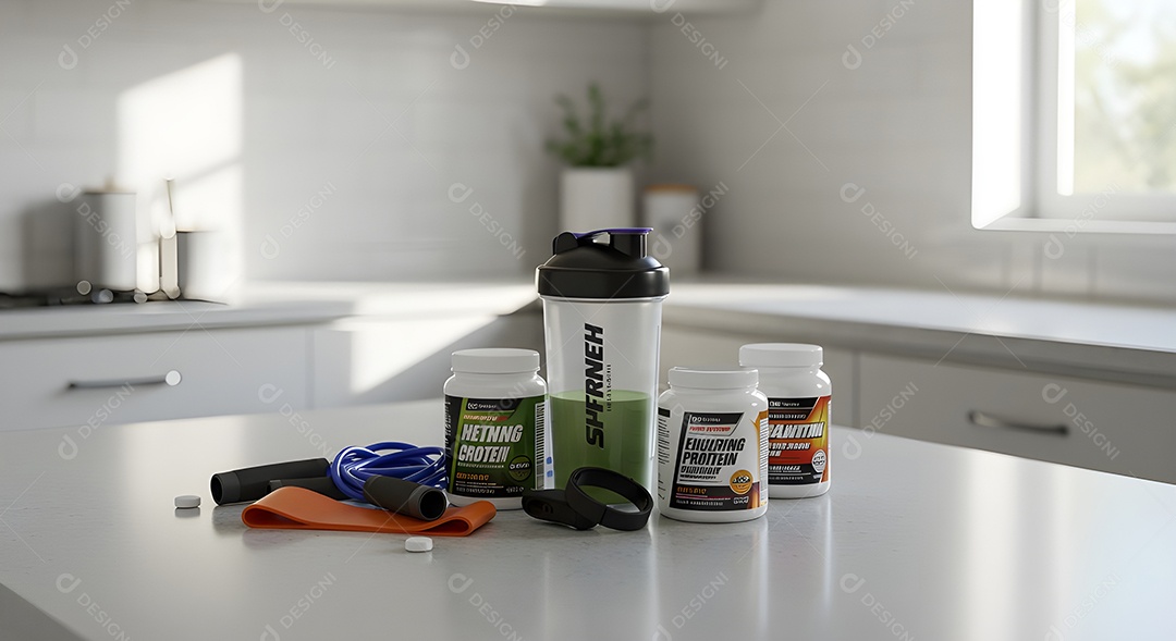 Suplementos em uma mesa branca