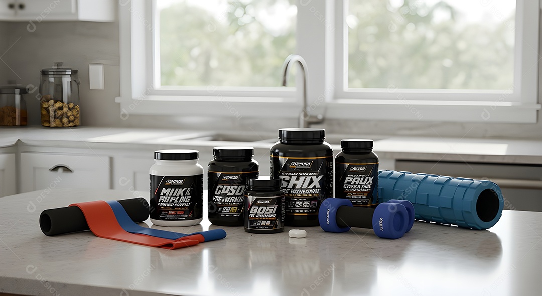 Suplementos em uma mesa branca
