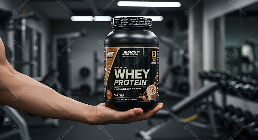 Mão de pessoa segurando pote de whey sobre uma academia