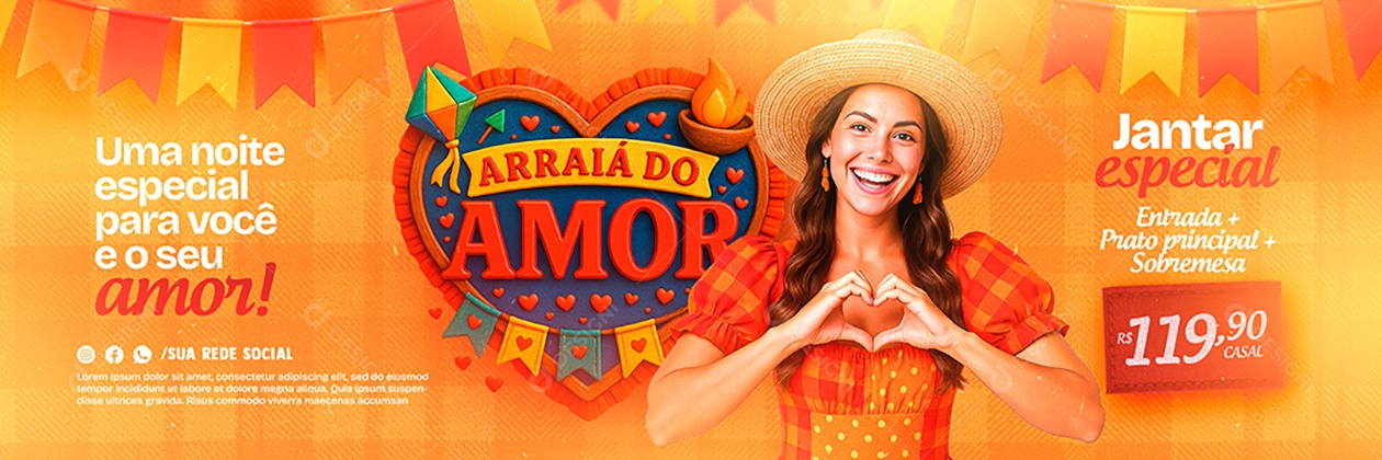 Banner Arraiá do Amor São João Jantar Especial Social Media PSD Editável