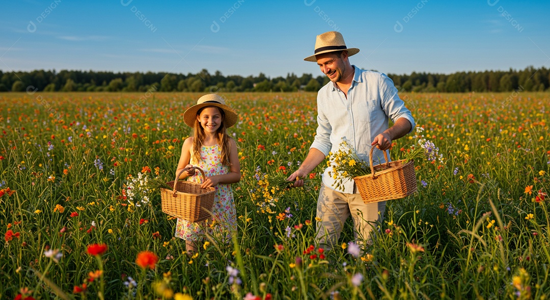 Lindos pai e filha colhendo flores  ao ar livre sob um lindo jardim