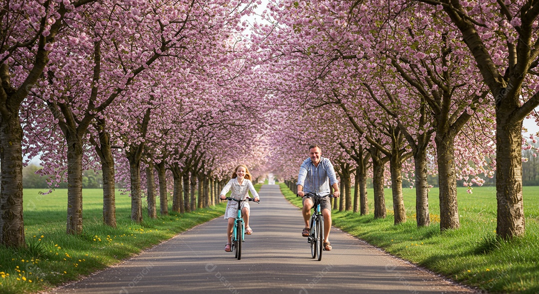 Lindos pai e filha pedalando em bicicletas ao ar livre sob um lindo parque