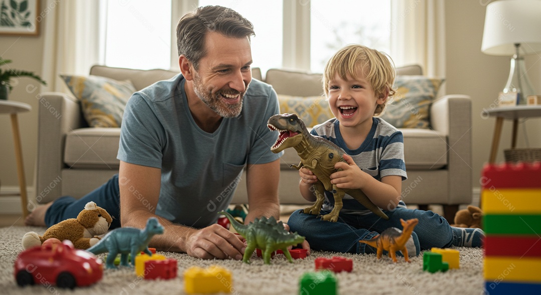 Lindos pai e filho brincando com brinquedos sob uma sala de estar