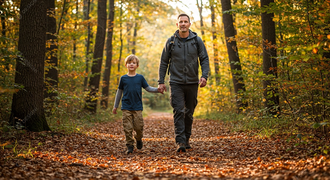 Lindos pai e filho fazendo trilha em uma linda floreta