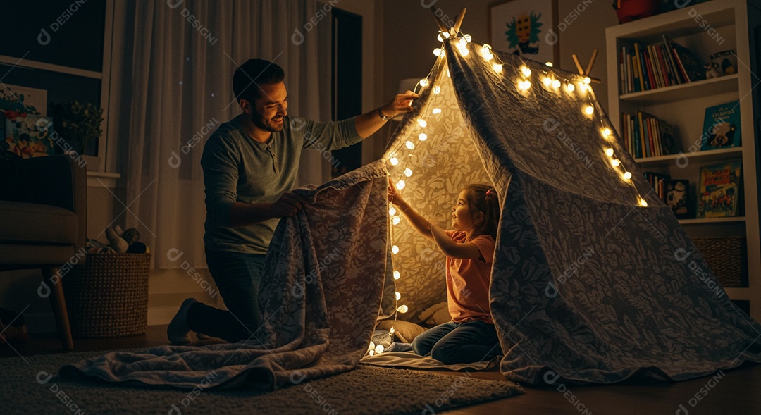 Lindos pai e filha montando barraca com lençol sob um lindo quarto