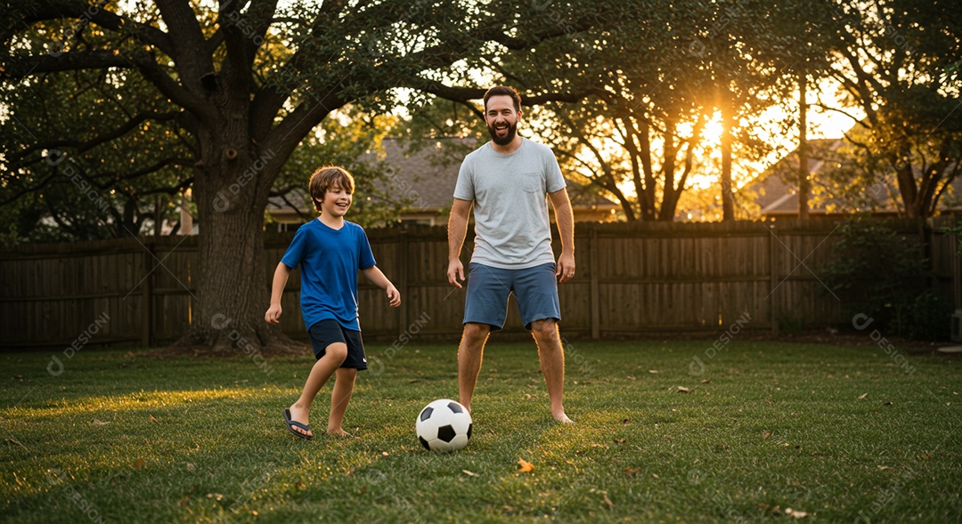 Lindos pai e filho jogando bola ao ar livre sobre um gramado