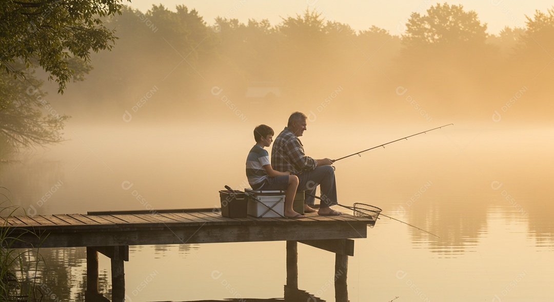 Lindos pai e filho pescando sentados em uma plataforma de madeira sob uma lagoa
