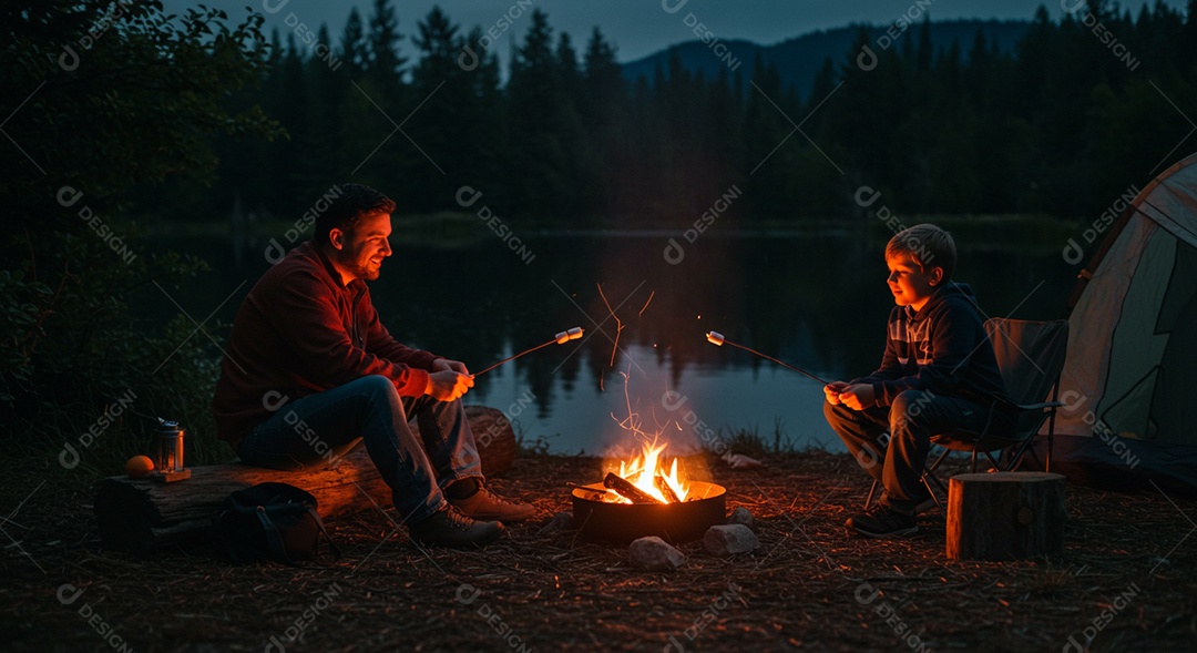 Lindos pai e filho assando marshmallow sob um acampamento