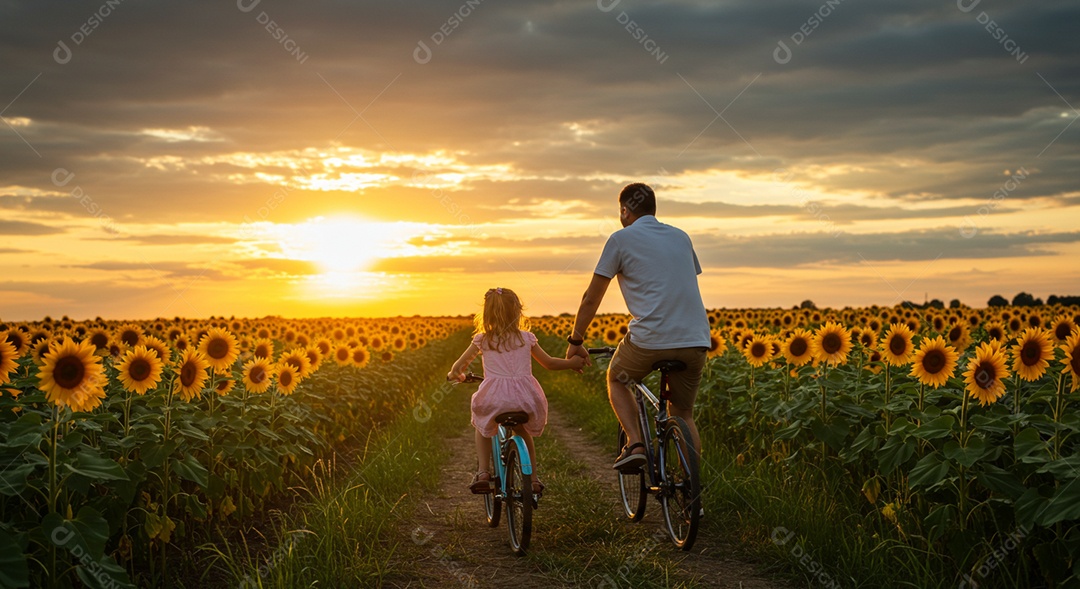 Lindos pai e filha pedalando em bicicletas ao ar livre sob um lindo jardim de girassóis
