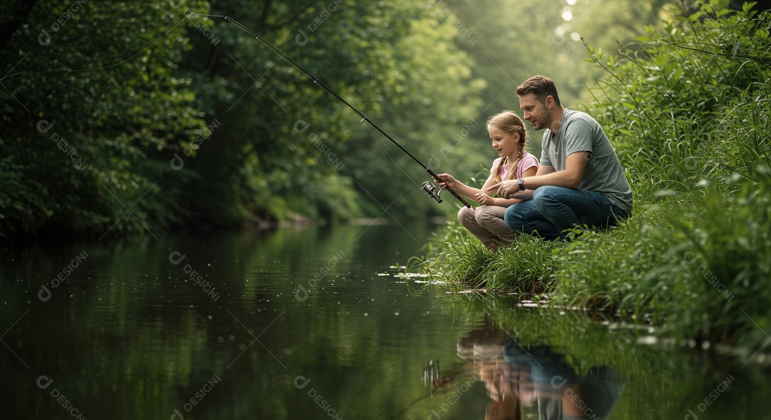 Lindos pai e filha pescando ao ar livre sob um rio