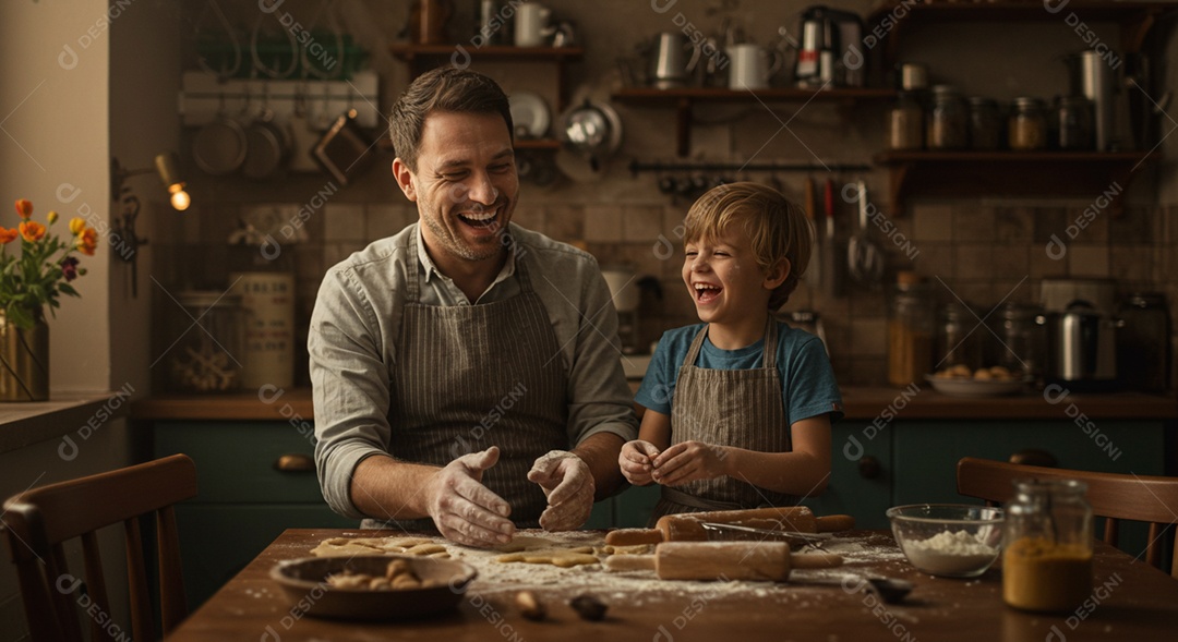 Lindos pai e filho sorridentes se divertino na cozinha