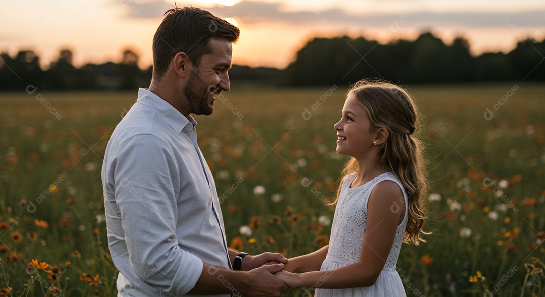 Lindos pai e filha sorridentes de mãos dadas sob um lindo jardim