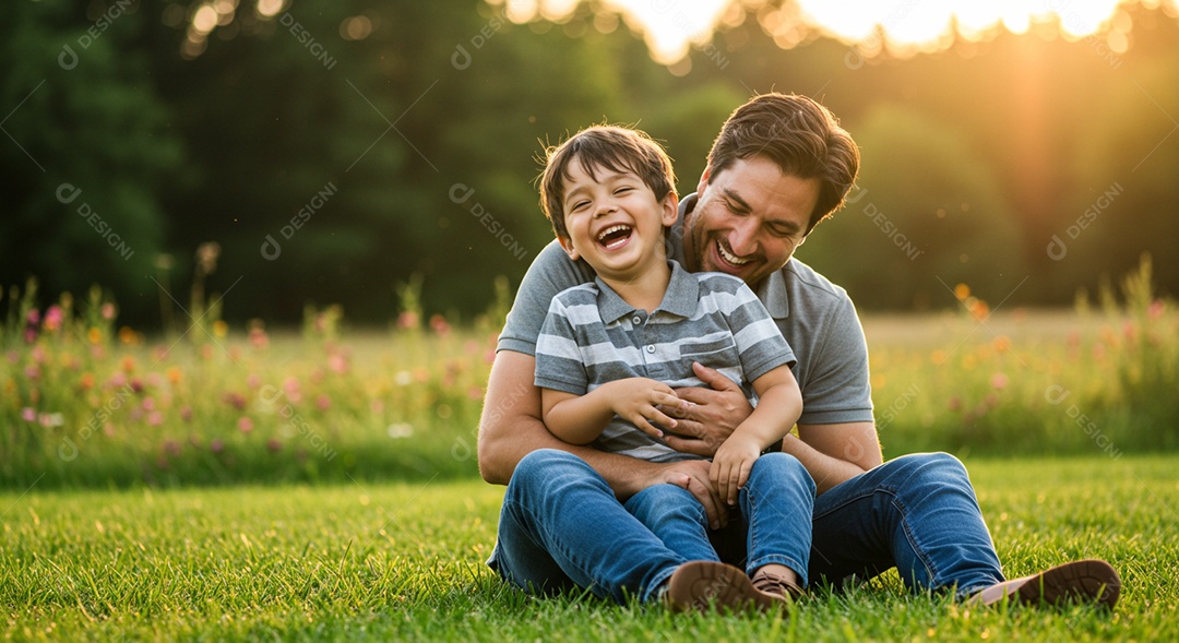 Lindos pai e filho sorridentes sentados em um lindo gramado