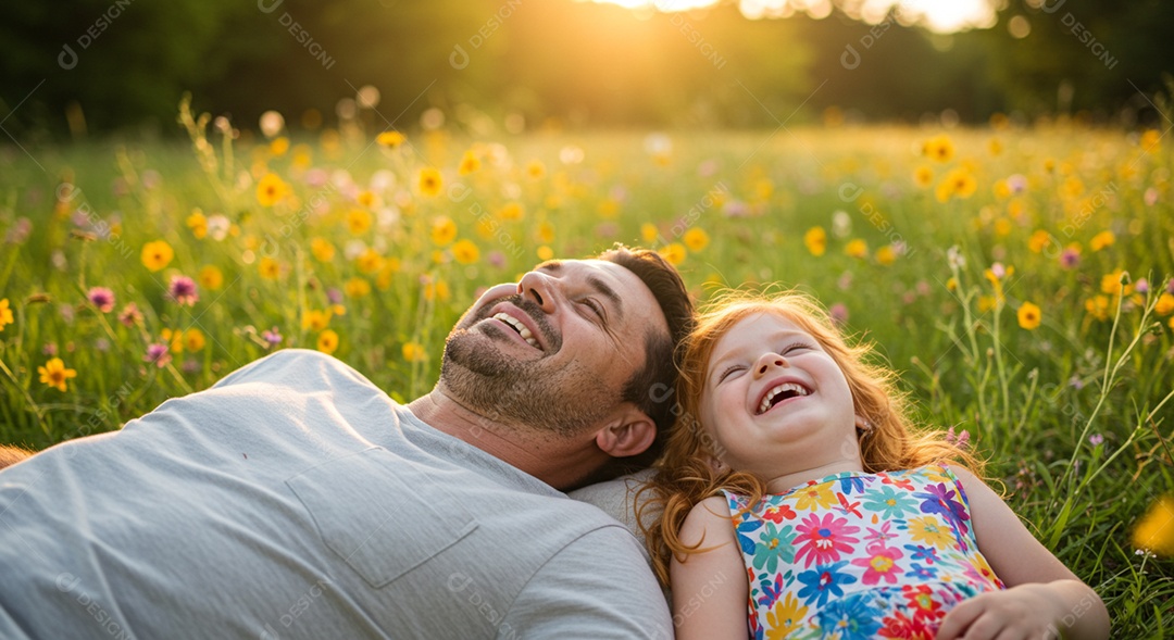 Lindos pai e filha sorridentes deitados em um lindo gramado com belas flores